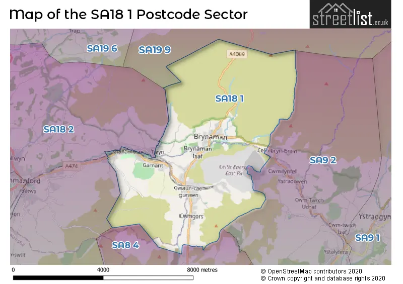 Map of the SA18 1 and surrounding postcode sector