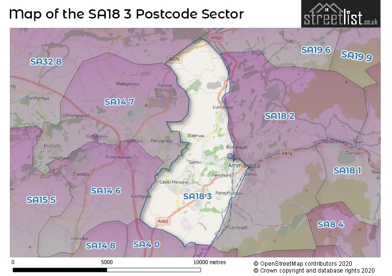 Map of the SA18 3 and surrounding postcode sector