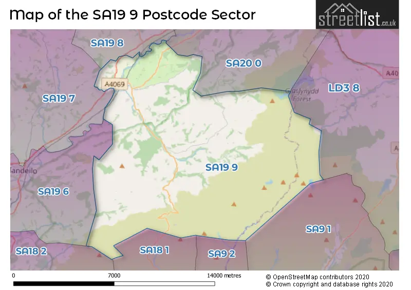 Map of the SA19 9 and surrounding postcode sector