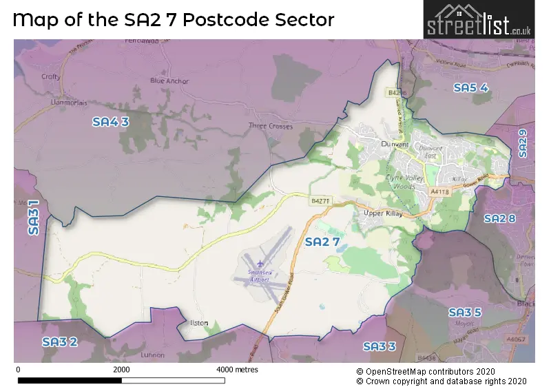 Map of the SA2 7 and surrounding postcode sector