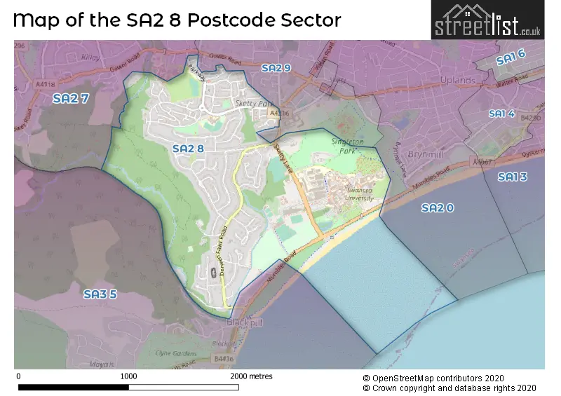 Map of the SA2 8 and surrounding postcode sector