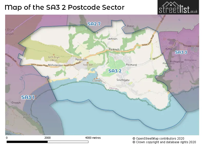 Map of the SA3 2 and surrounding postcode sector