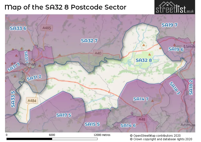 Map of the SA32 8 and surrounding postcode sector