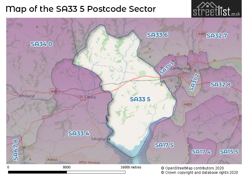 Map of the SA33 5 and surrounding postcode sector