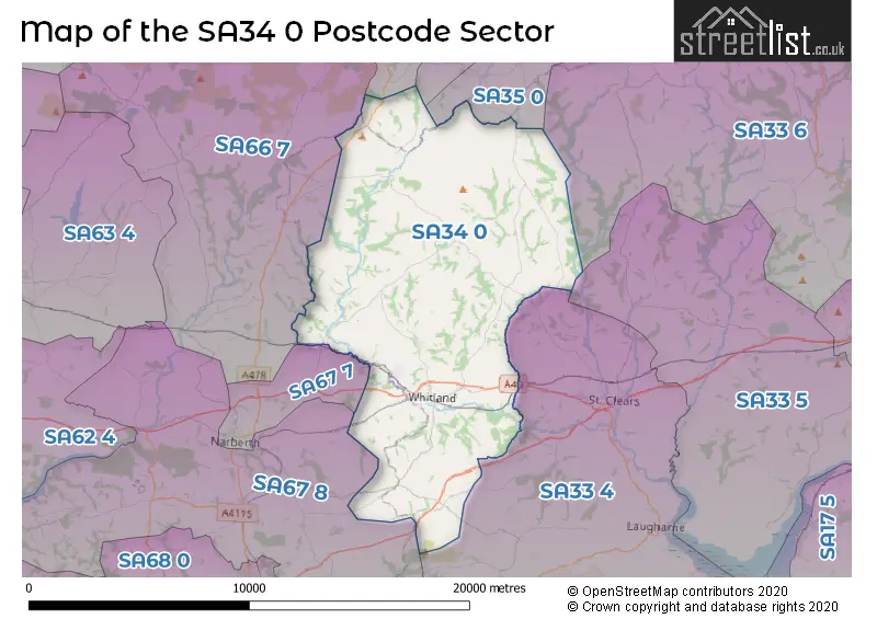 Map of the SA34 0 and surrounding postcode sector