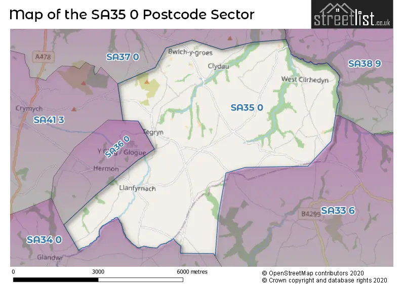 Map of the SA35 0 and surrounding postcode sector