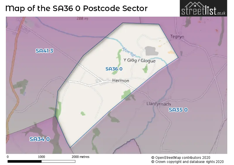 Map of the SA36 0 and surrounding postcode sector