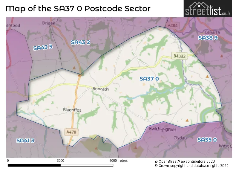 Map of the SA37 0 and surrounding postcode sector