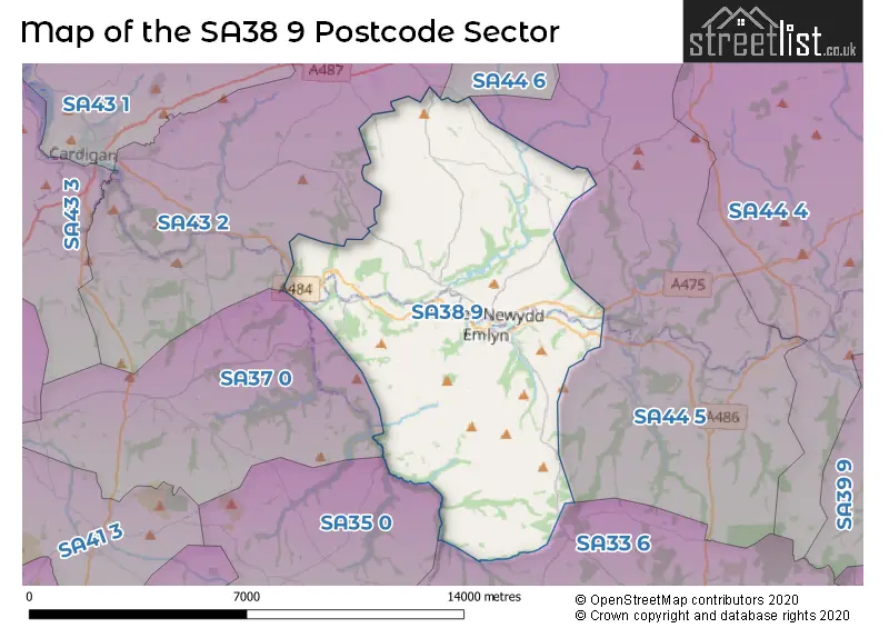 Map of the SA38 9 and surrounding postcode sector