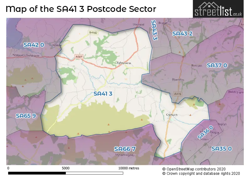 Map of the SA41 3 and surrounding postcode sector