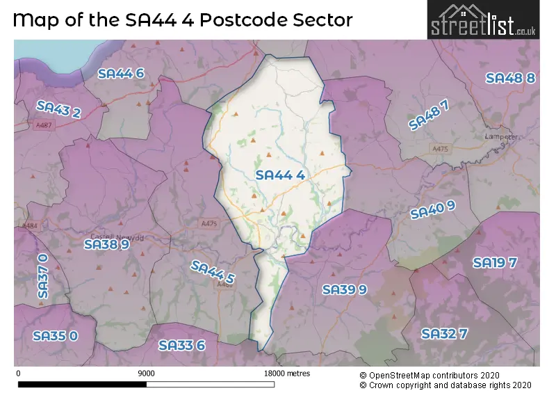 Map of the SA44 4 and surrounding postcode sector