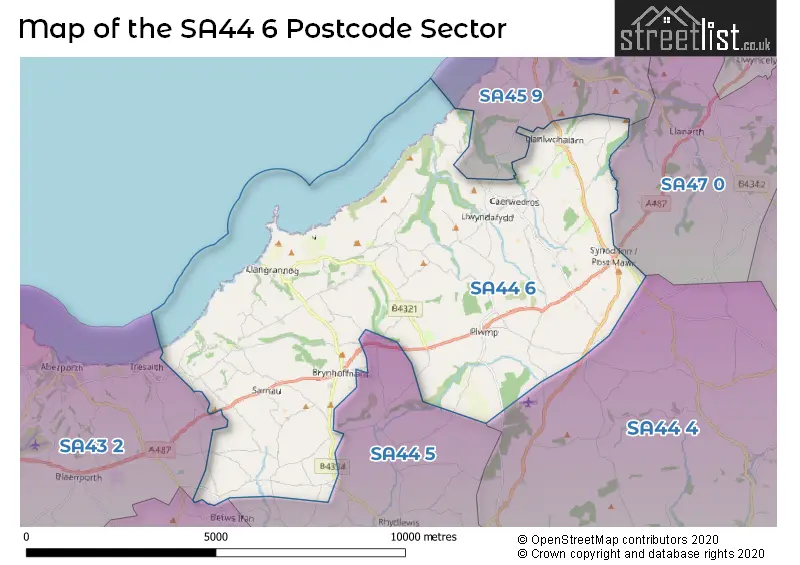 Map of the SA44 6 and surrounding postcode sector