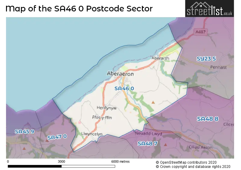 Map of the SA46 0 and surrounding postcode sector