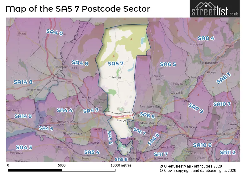 Map of the SA5 7 and surrounding postcode sector