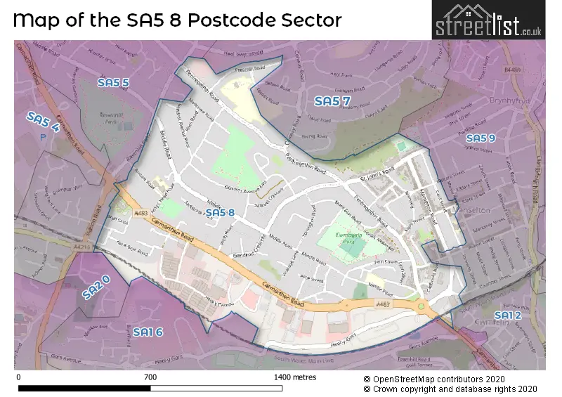 Map of the SA5 8 and surrounding postcode sector