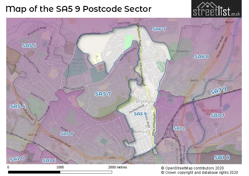 Map of the SA5 9 and surrounding postcode sector