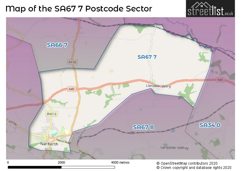 Map of the SA67 7 and surrounding postcode sector