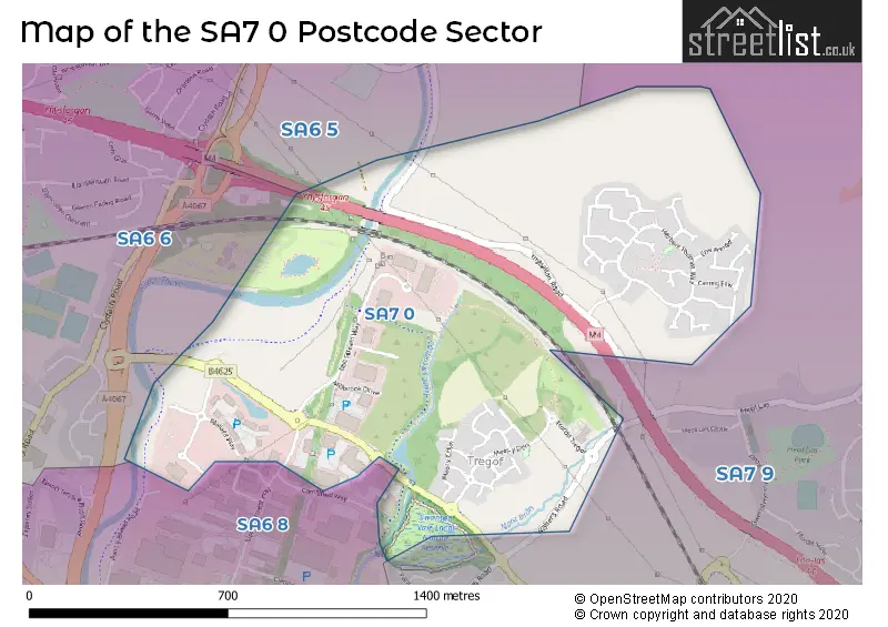 Map of the SA7 0 and surrounding postcode sector