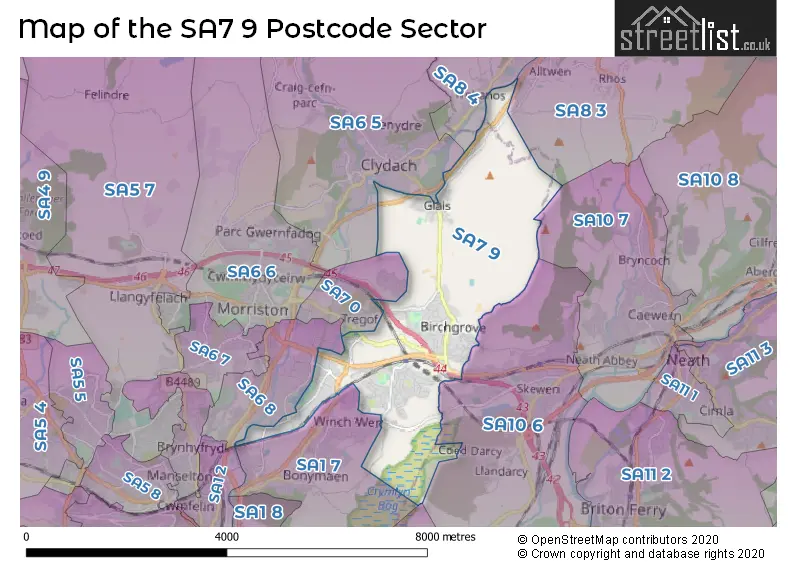 Map of the SA7 9 and surrounding postcode sector