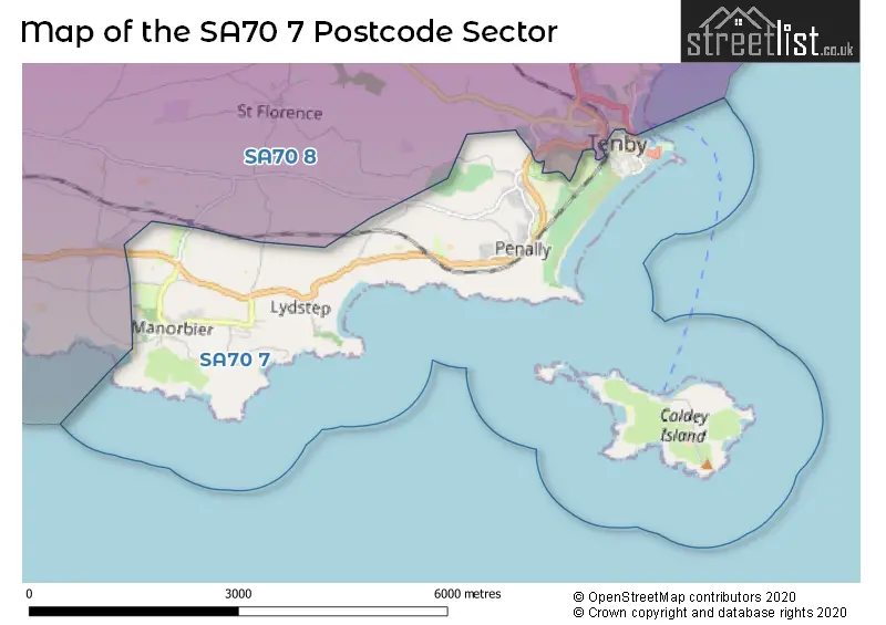 Map of the SA70 7 and surrounding postcode sector