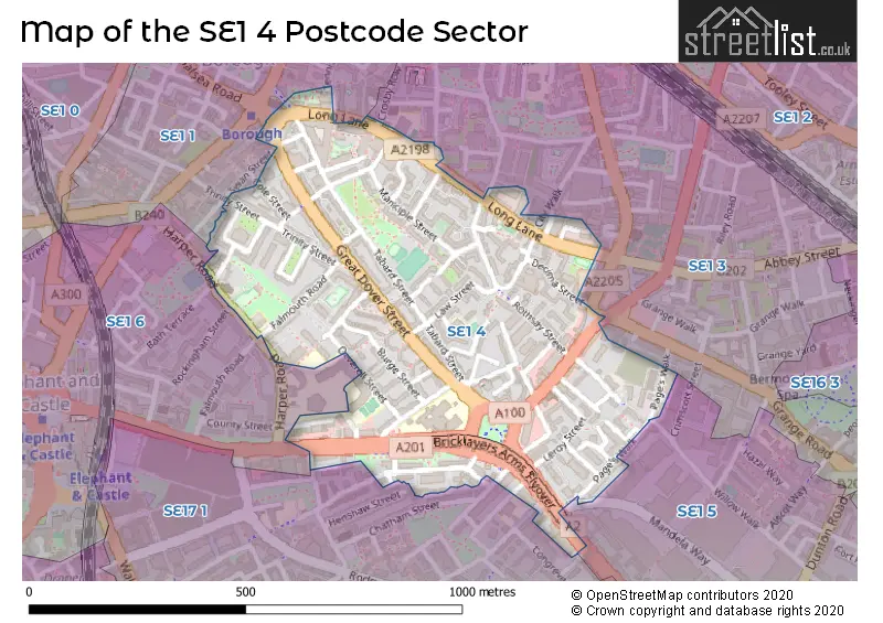 Map of the SE1 4 and surrounding postcode sector