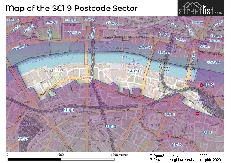 Map of the SE1 9 and surrounding postcode sector