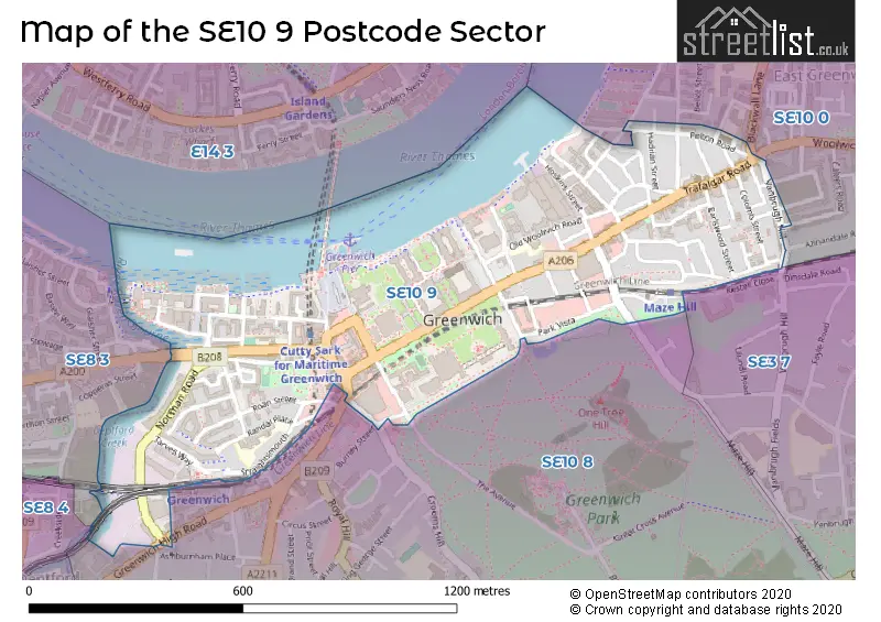Map of the SE10 9 and surrounding postcode sector