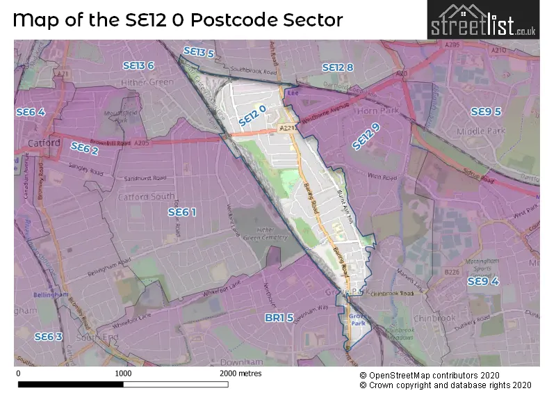 Map of the SE12 0 and surrounding postcode sector