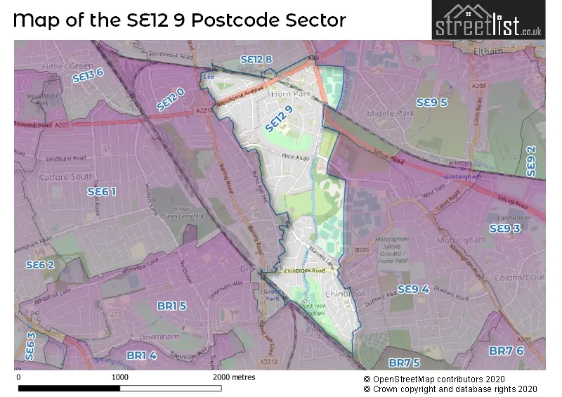 Map of the SE12 9 and surrounding postcode sector