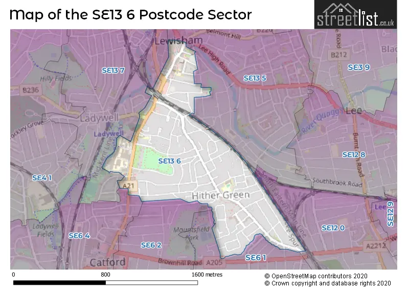 Map of the SE13 6 and surrounding postcode sector