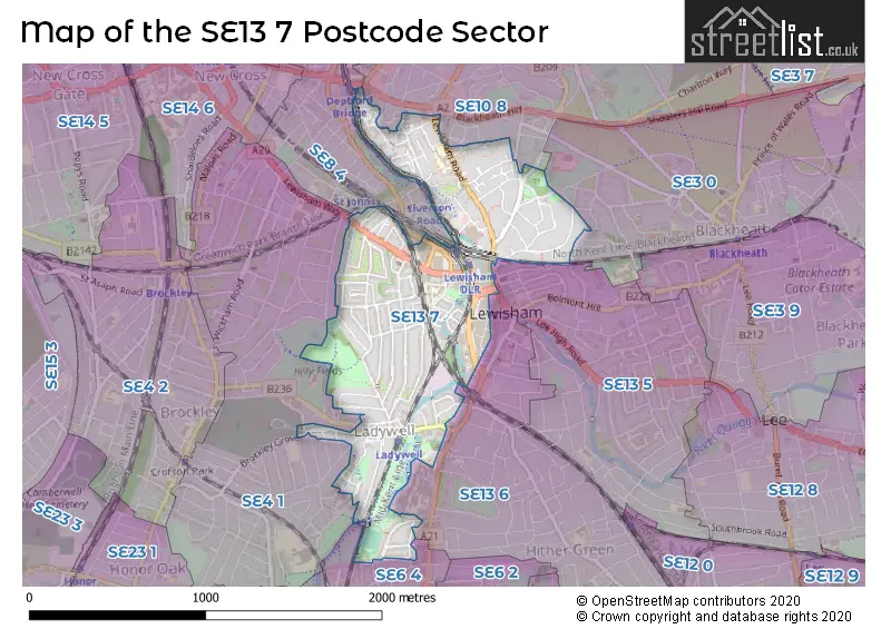 Map of the SE13 7 and surrounding postcode sector