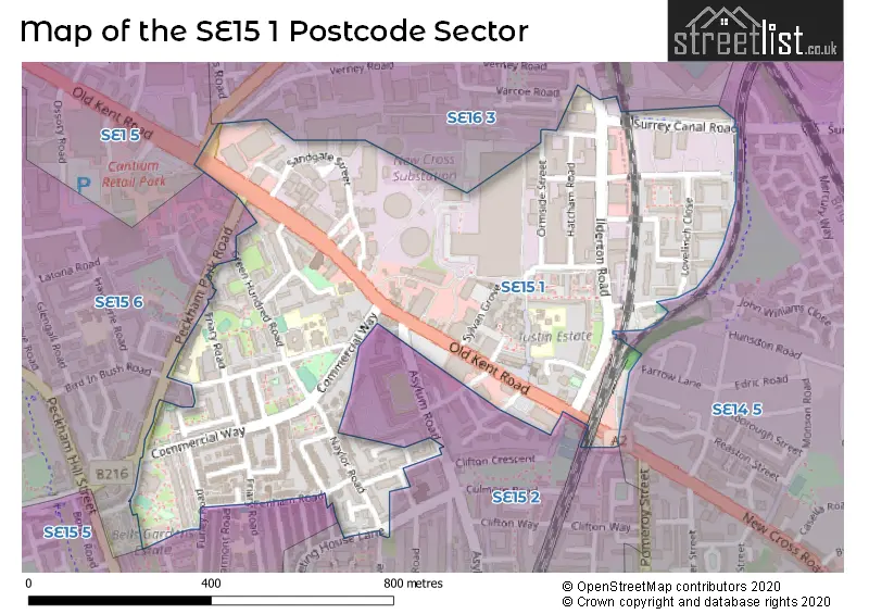 Map of the SE15 1 and surrounding postcode sector