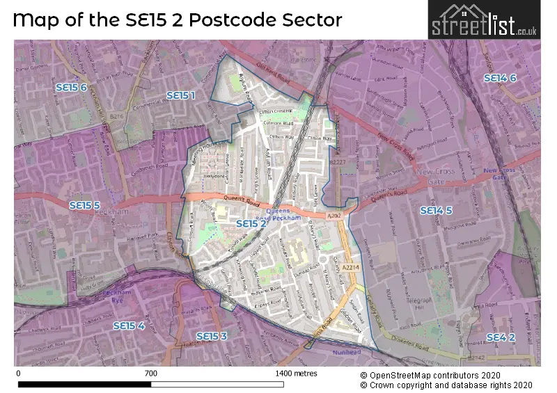 Map of the SE15 2 and surrounding postcode sector