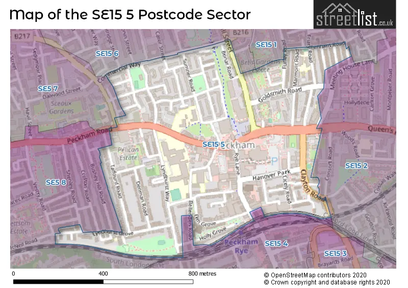 Map of the SE15 5 and surrounding postcode sector