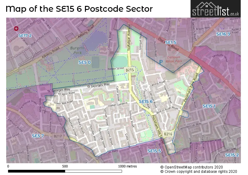 Map of the SE15 6 and surrounding postcode sector