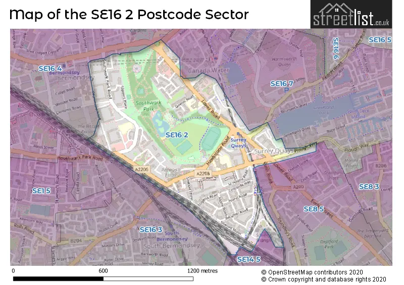 Map of the SE16 2 and surrounding postcode sector