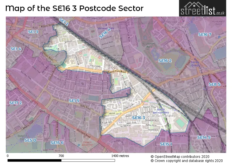 Map of the SE16 3 and surrounding postcode sector