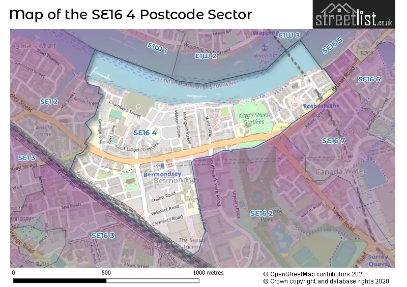 Map of the SE16 4 and surrounding postcode sector