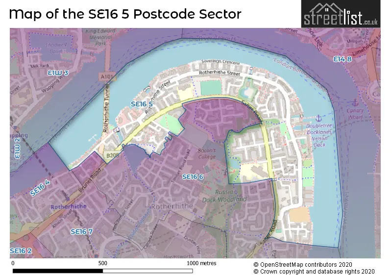 Map of the SE16 5 and surrounding postcode sector