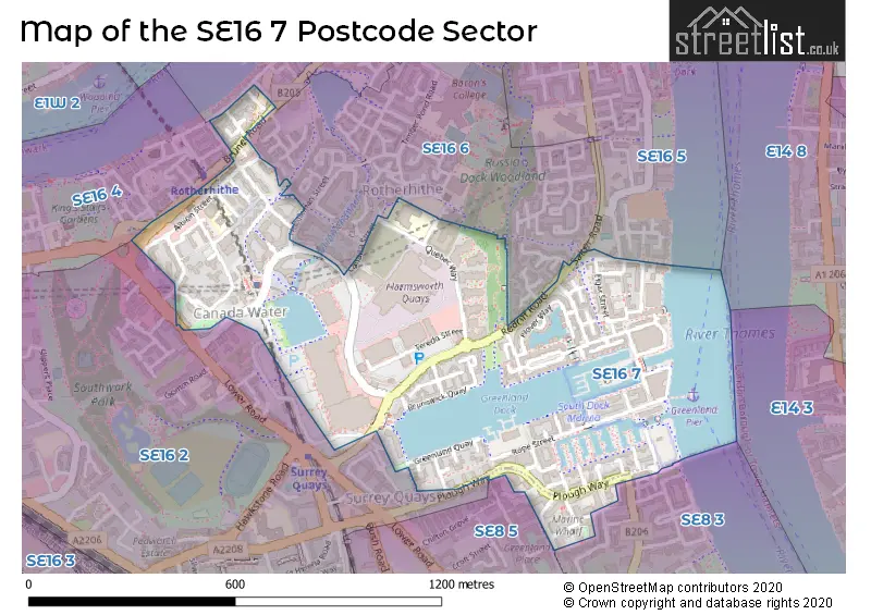 Map of the SE16 7 and surrounding postcode sector
