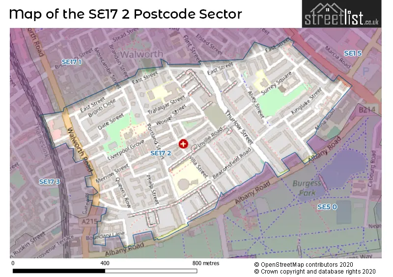 Map of the SE17 2 and surrounding postcode sector