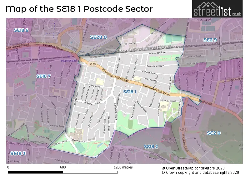 Map of the SE18 1 and surrounding postcode sector