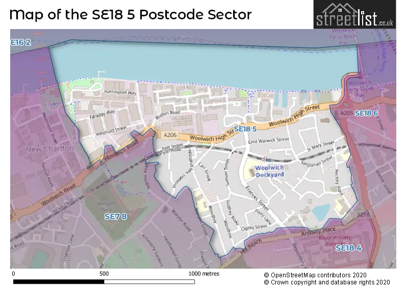 Map of the SE18 5 and surrounding postcode sector