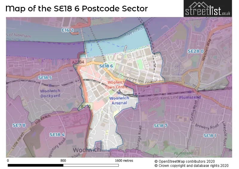 Map of the SE18 6 and surrounding postcode sector