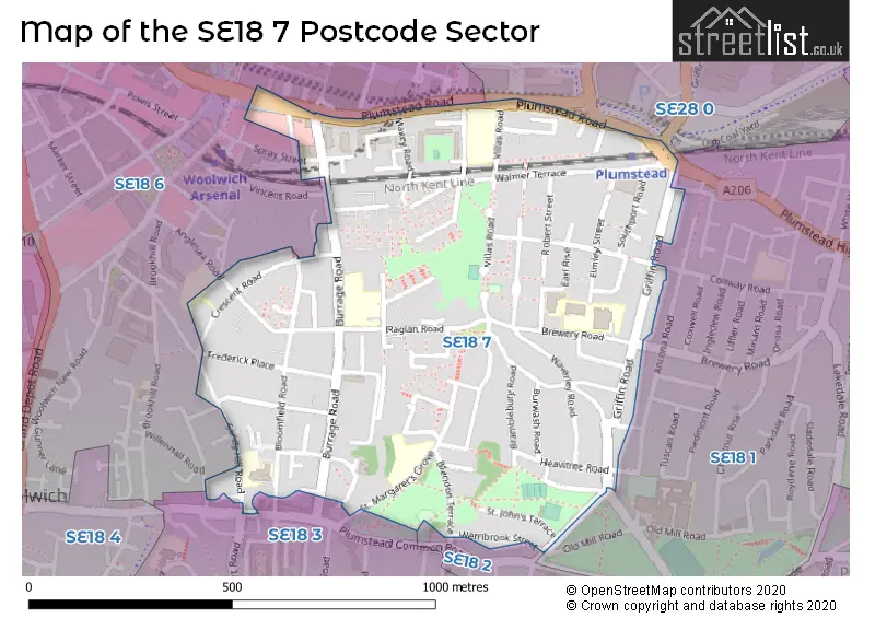 Map of the SE18 7 and surrounding postcode sector
