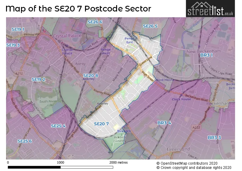 Map of the SE20 7 and surrounding postcode sector