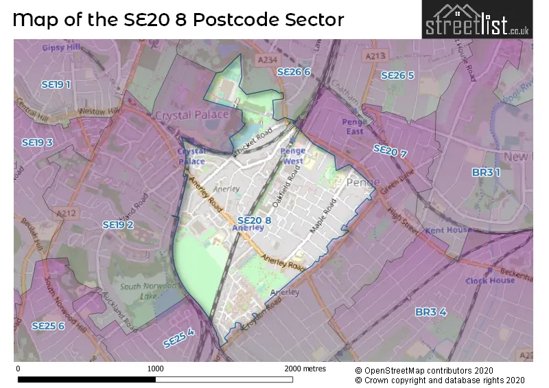 Map of the SE20 8 and surrounding postcode sector