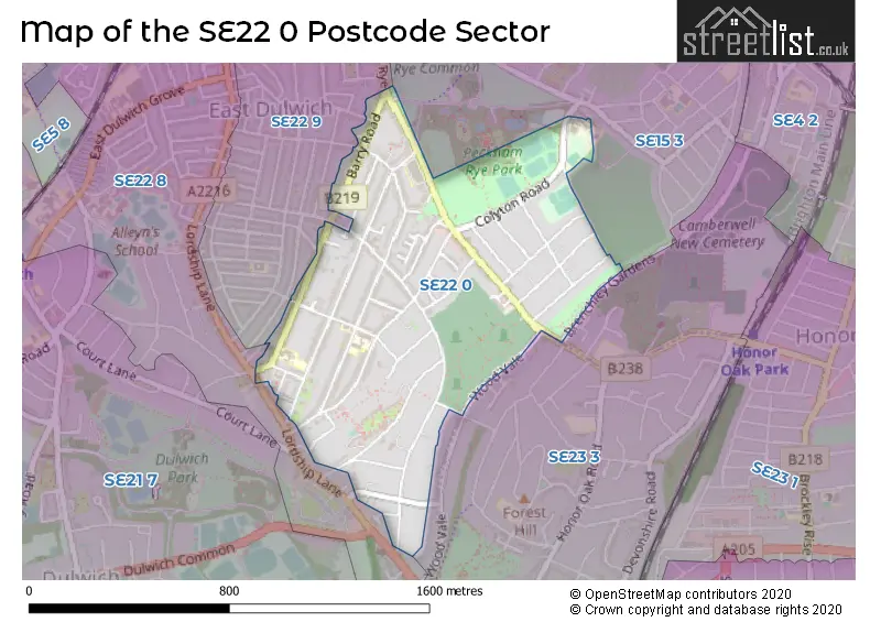 Map of the SE22 0 and surrounding postcode sector