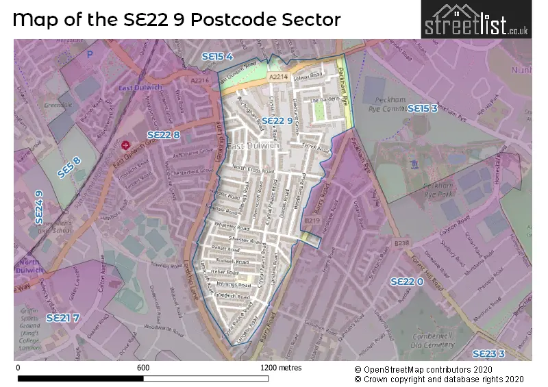 Map of the SE22 9 and surrounding postcode sector