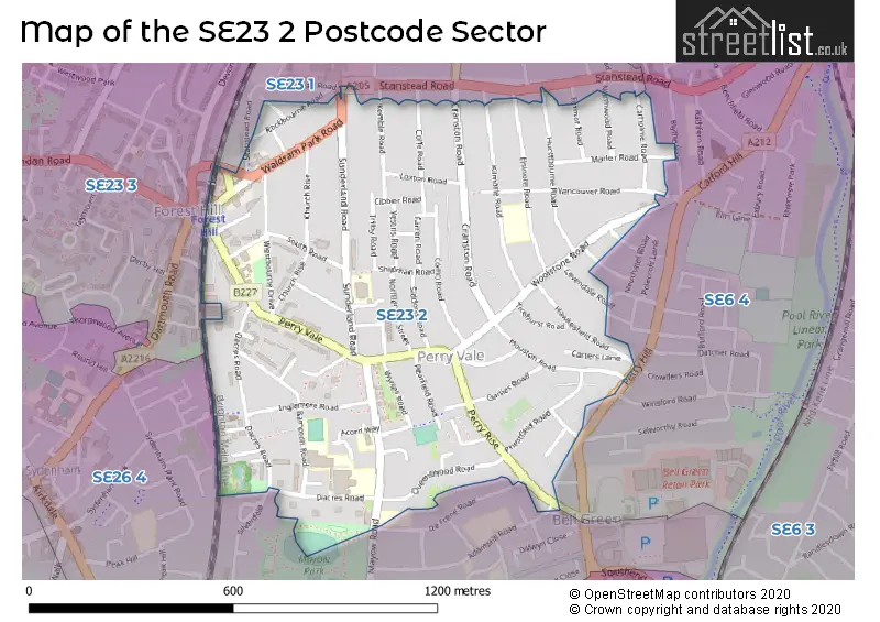 Map of the SE23 2 and surrounding postcode sector